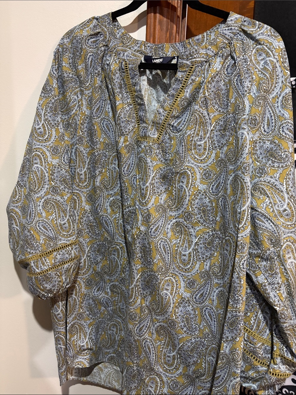Lands' End women tunic or in Paisley Button-Down Shirt in Mustard and Gray XL